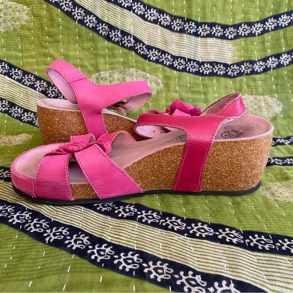 Vionic Pink Orthaheel Floral Strappy Leather Cork Wedge Heeled Sandals Size 7